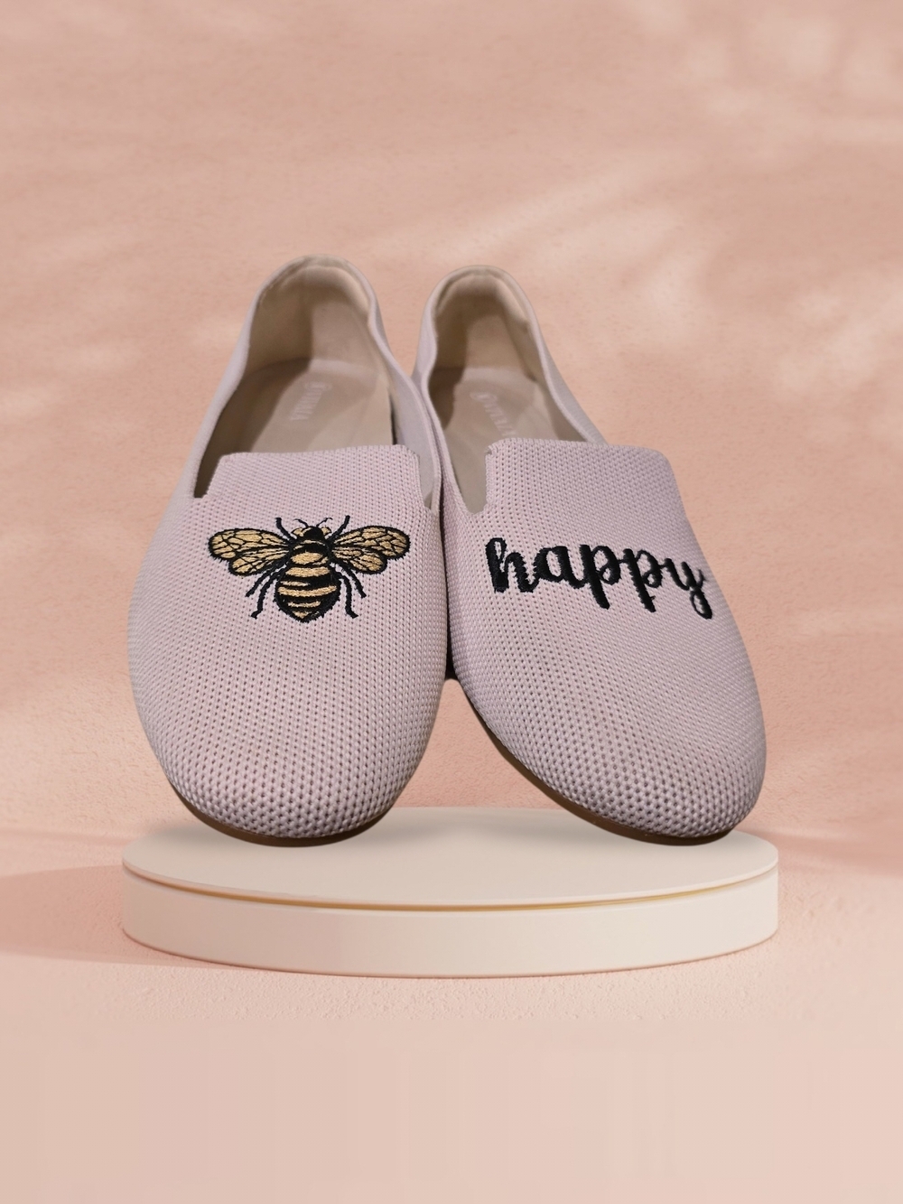 Vivaia Embroidered Bee 'Happy' Slip-On Flats - Light Pink